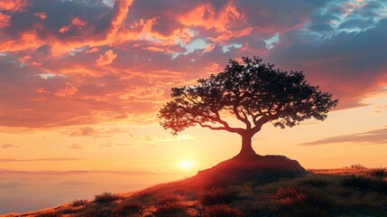 A tree is standing on a hillside with a beautiful sunset in the background. The sky is filled with clouds, and the sun is setting, creating a warm and peaceful atmosphere
