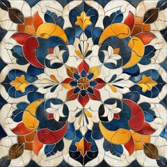 A colorful tile mosaic with a flower design. The tile is blue, red, and yellow. Scene is vibrant and lively