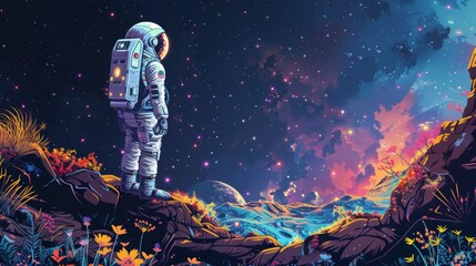 A man in a spacesuit stands on a rocky surface in front of a colorful sky. Concept of adventure and exploration, as the astronaut is ready to embark on a journey into the unknown