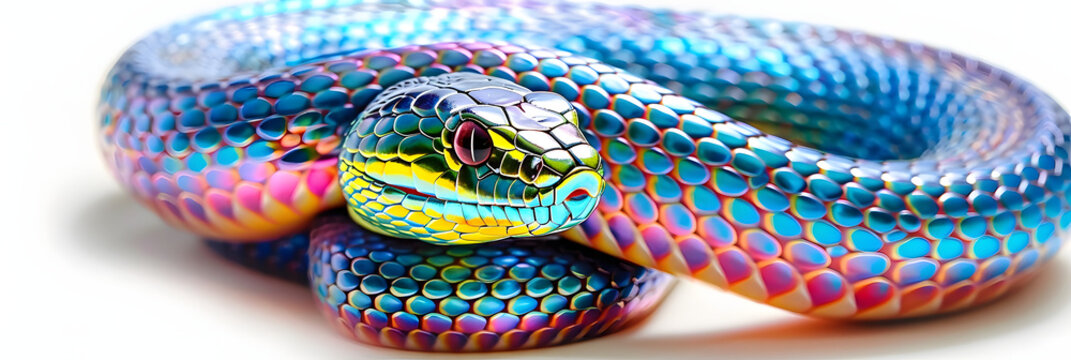 a close up of a colorful snake on a white background with a blurry image of it's head.