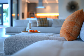 Modern living room, close-up on sleek furniture design, sharp details, cool toned lighting, minimalist style, high resolution Sony DSLR - obrazy, fototapety, plakaty