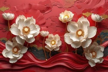 3D red background with a bouquet of white flowers arranged in a golden arabesque design