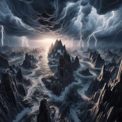 Ocean scenery with rocks and stormy sky - obrazy, fototapety, plakaty