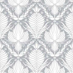 Seamless pattern of white Damask motifs on a gray background. Floral abstract repeat monochrome background.