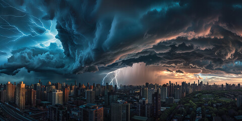 A massive panoramic display of dark looming storm clouds with a spectacular lightning bolt over the city skyline - obrazy, fototapety, plakaty