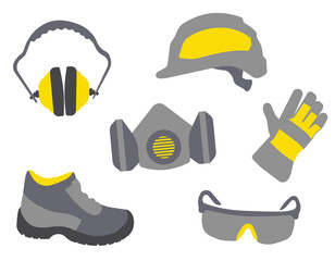Various items of special protective clothing. Work uniform. Professional protective clothing, boots and safety helmet.