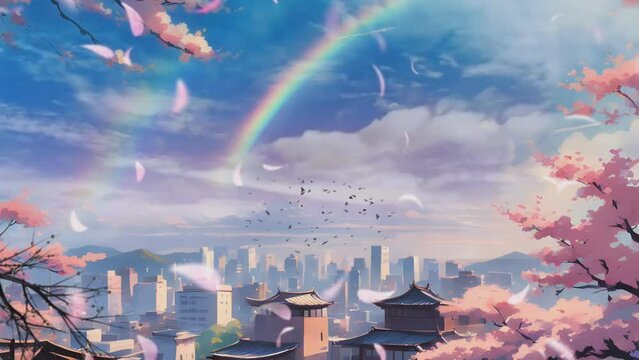 View of the city where cherry blossoms bloom in spring with beautiful sky and rainbow. digital painting illustration with cartoon or anime style.