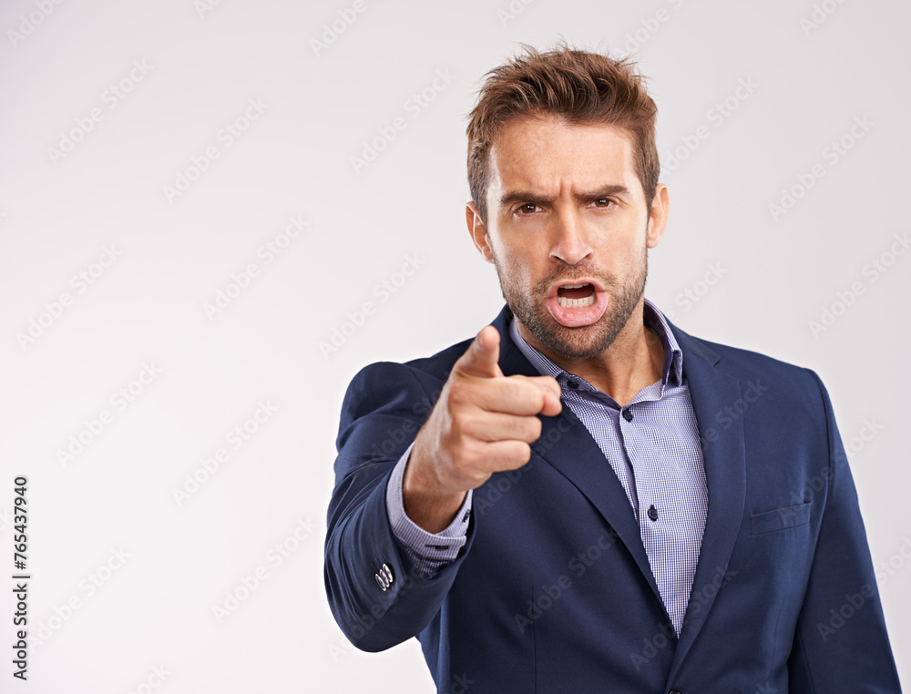 Poster entrepreneur, man and shout with pointing in studio white background to blame, angry and disappointe
