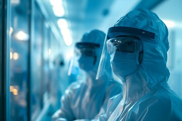 Workers in protective gear in a semiconductor manufacturing facility. Concept Semiconductor Manufacturing, Workers in Protective Gear, Industrial Environment, Safety Precautions - obrazy, fototapety, plakaty