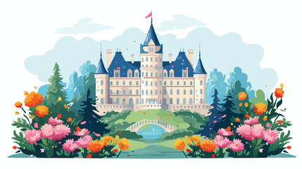  French Castle Overgrown with Flowers Flat vector isolated - obrazy, fototapety, plakaty