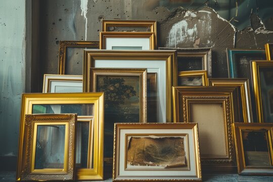 Assorted Baroque Vintage Frames Against A Wall. A collection of empty vintage picture frames against a textured wall, presenting a variety of sizes and ornate designs