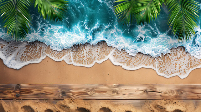 Wooden table with palm leaves, sand, and sea background. summer and vacation concept. product display montage.