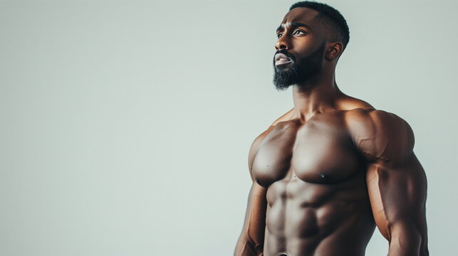 A muscular African American male fitness model with defined abs and beard is posing shirtless, showing his profile. Male bodybuilder athlete, fitness model, copy space, white studio. Generative AI