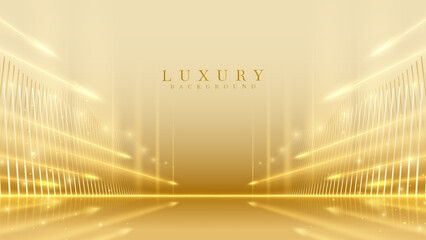Elegant award ceremony background featuring a golden virtual reality tunnel with futuristic lights and bokeh decorations, creating a warm stage atmosphere ideal for luxury branding.