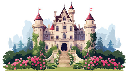 German Castle Overgrown with Flowers Flat vector  - obrazy, fototapety, plakaty