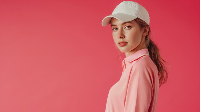 A woman wearing a white ball cap and sportswear is standing sideways and looking at the camera. Sports golf clothing female model, athlete. dark pink studio background. Copy space. Generative AI