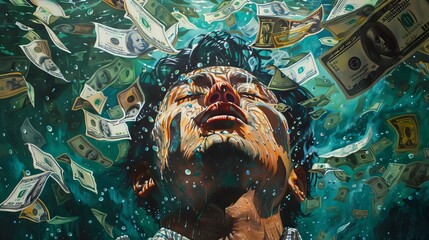 Financial Distress Surrealist painting portraying the emotional toll of a global money crisis evoking feelings of anxiety and unease.