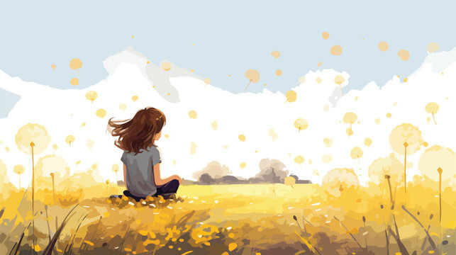 Girl Sitting in a Dandelion Puff Field Flat vector
