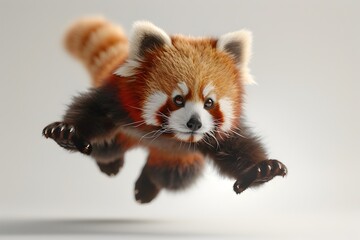 3D Render of Levitating Playful Red Panda Floating in Serene Studio Lighting on White Background