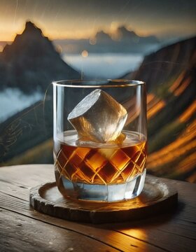 In this image, there is a glass filled with ice and whiskey on a table. The glass contains