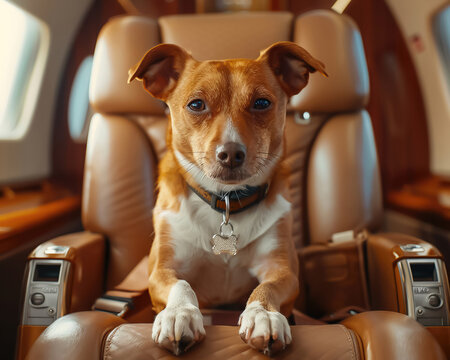 Business dog in luxury jet setting, frontal view, exquisite cabin design, bright focused light,high detailed