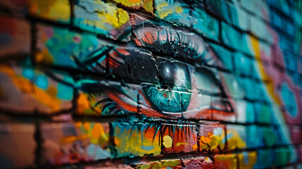 Ethereal Vision: Colorful Eye Graffiti Adorns Brick Wall