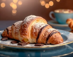 Premium chocolate croissant for servings in cafe and restaurant on elegant beautiful background