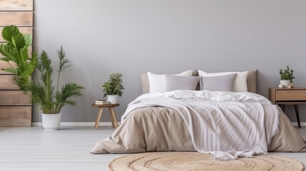 Cozy bedroom interior with white bed and plant.