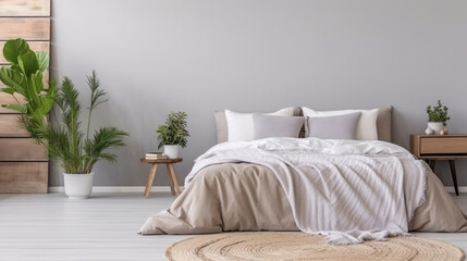 Naklejka premium Cozy bedroom interior with white bed and plant.
