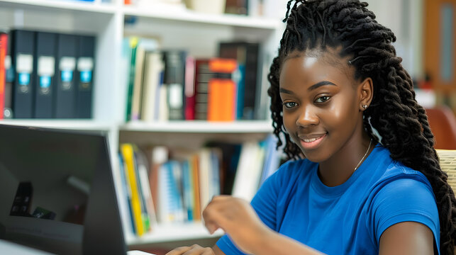 Successful corpluent black female student learning at computer