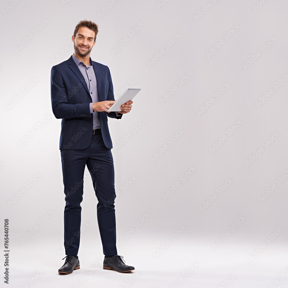 Poster businessman, smile and confident with tablet in studio on white background for startup company as sa