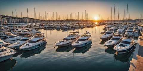 Rolgordijnen Tranquil Marina at Sunset  Description: A row of sailboats and motorboats are docked at a calm marina at sunset, casting long shadows on the water. The sky is ablaze with orange, pink, and purple hues © chick_david
