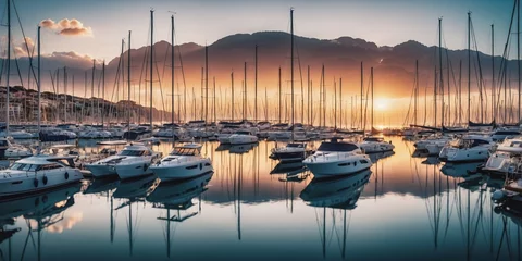 Sierkussen Tranquil Marina at Sunset  Description: A row of sailboats and motorboats are docked at a calm marina at sunset, casting long shadows on the water. The sky is ablaze with orange, pink, and purple hues © chick_david