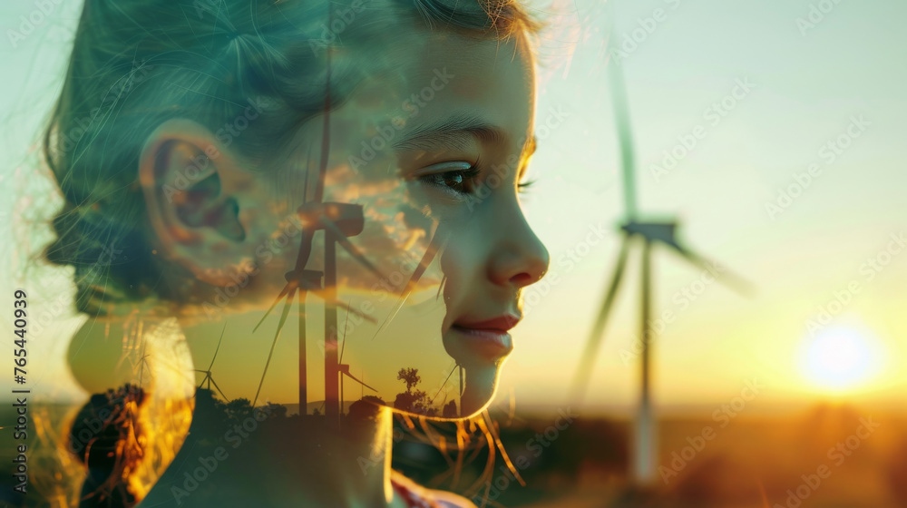 Wall mural Portrait of a hopeful for the future boy kid letting see a wind turbine for green energy and CO2 emission reduction