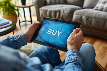 Buy stocks online concept image with a person holding a tablet with word Buy on screen representing an investor buying stocks or goods on the web from home - obrazy, fototapety, plakaty