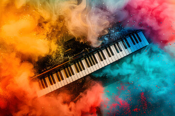 Piano Keyboard on Abstract Colorful Dust Background: Musical Harmony in Vibrant Chaos