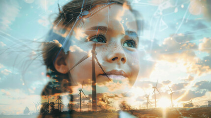 Portrait of a hopeful for the future girl kid letting see a wind turbine for green energy and CO2 emission reduction