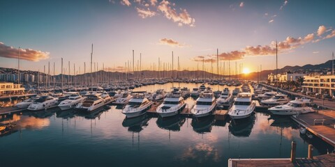 Tranquil Marina at Sunset

Description: A row of sailboats and motorboats are docked at a calm marina at sunset, casting long shadows on the water. The sky is ablaze with orange, pink, and purple hues - obrazy, fototapety, plakaty