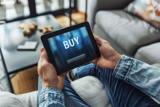 Buy stocks online concept image with a person holding a tablet with word Buy on screen representing an investor buying stocks or goods on the web from home
