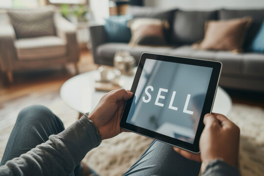 Sell stocks online concept image with a person holding a tablet with word Sell on screen representing an investor wanting to sell stocks from home