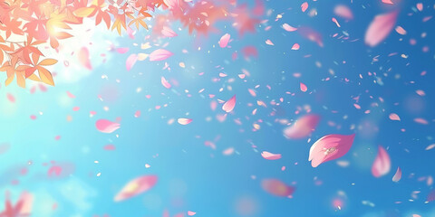 Fototapeta na wymiar pink blossoms falling from the sky on blue sky background, pink cherry blossoms wallpaper banner, empty space background 