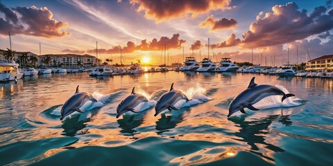 sunset over the sea with dolphins