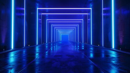 Beyond Boundaries: Abstract Futuristic Tunnel with Geometric Design and Blue Neon Glow