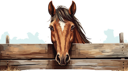 Horse Looking Over an Old Wood Fence Flat vector  - obrazy, fototapety, plakaty