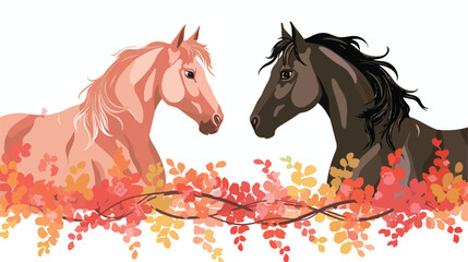 Obraz na płótnie Canvas Horses in Love by a Floral Fence Flat vector 