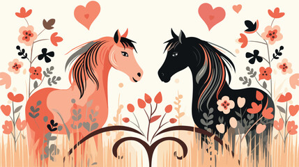 Horses in Love by a Floral Fence Flat vector 