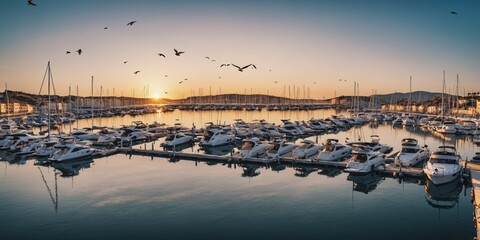 Marina at Sunset. A row of sailboats and motorboats are docked at a calm marina at sunset, casting long shadows on the water. - obrazy, fototapety, plakaty