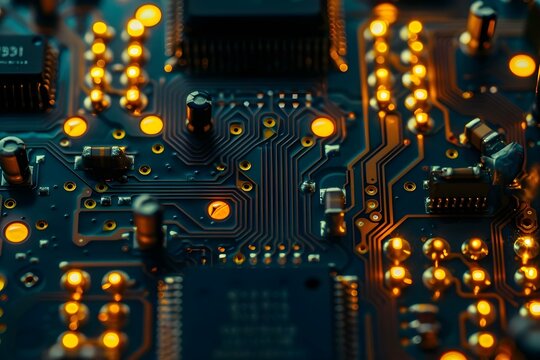 Closeup of a printed circuit board with microchips and components during the manufacturing process. Concept Tech Industry, Electronics Manufacturing, Microchip Assembly, Circuit Board Technology
