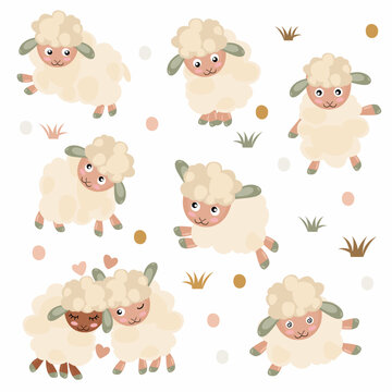 Set cute rams, cartoon sheep collection, lambs, vector illustration isolated white background