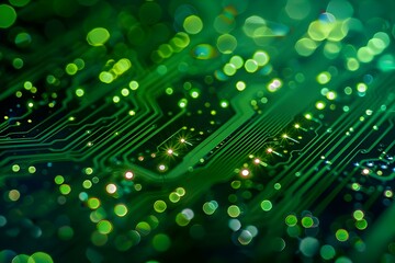 Highquality photo of a green circuit board showcasing technology innovations like IoT Big Data and semiconductor chips. Concept Technology Innovations, IoT, Big Data, Semiconductor Chips